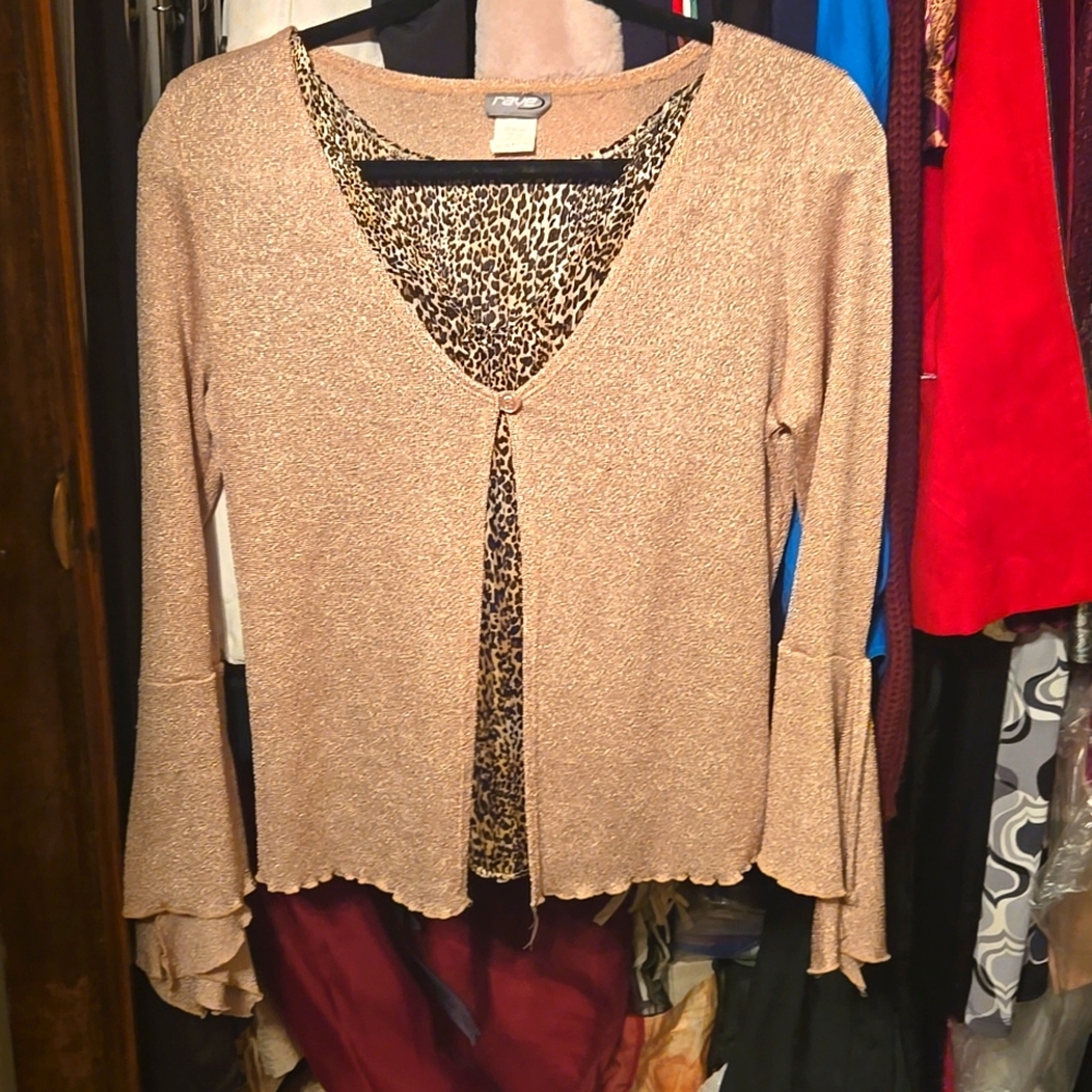 Tan blazer over animal print top